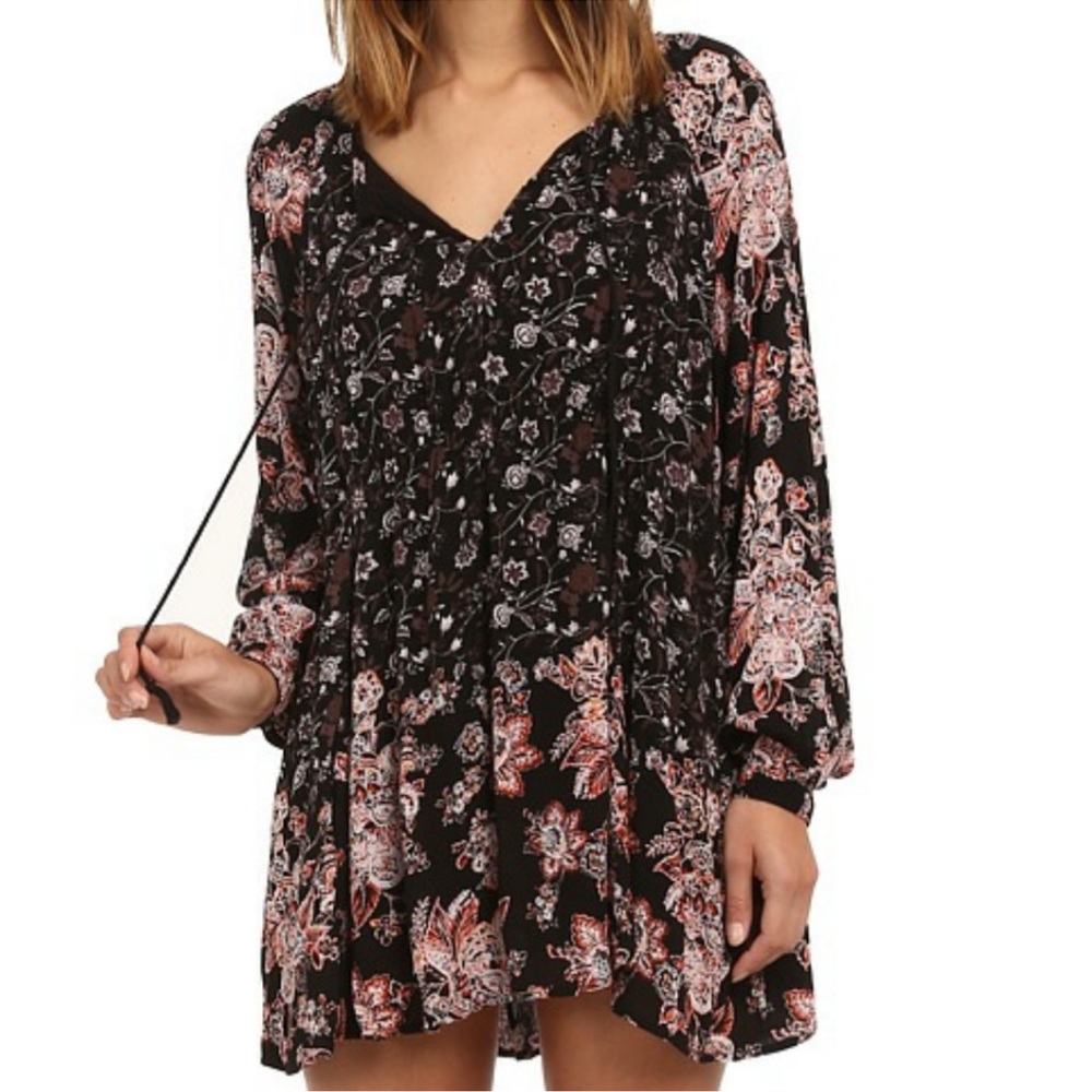 🌻Women’s Free People Lucky Loosey Floral Print Boho Mini Dress Onyx Combo Sz S - Picture 4 of 16